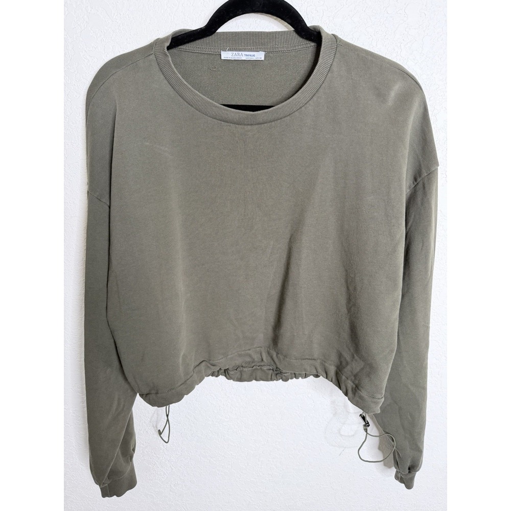 Zara Crop Sweatshirt L Green Drawstring Long Sleeve Fall Autumn